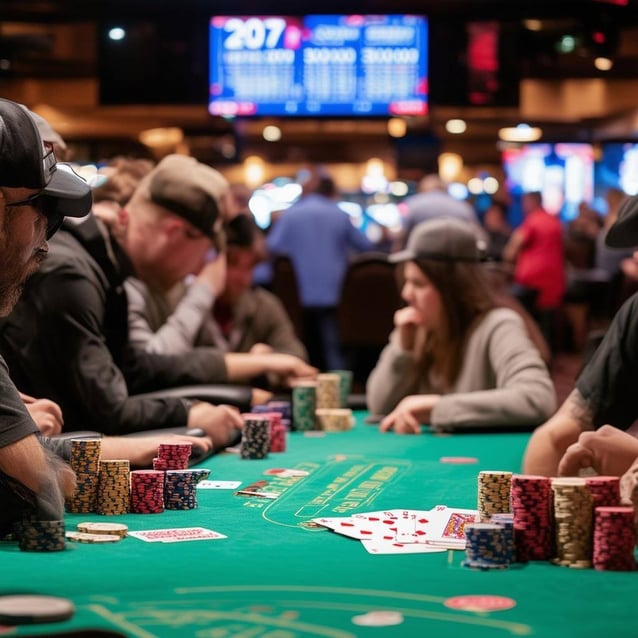 The image captures a bustling poker tournament scene inside TCH Social Austin, filled with players intently focused on their cards and chips-1